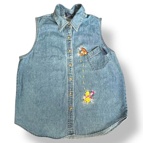 Vintage Disney Pooh Chambray Denim Shirt Tigger Piglet Embroidery Button Front - Picture 1 of 9